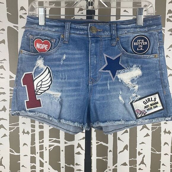 Express High Waist Cut Off Jean Shorts with Patches 6 - Picture 1 of 11